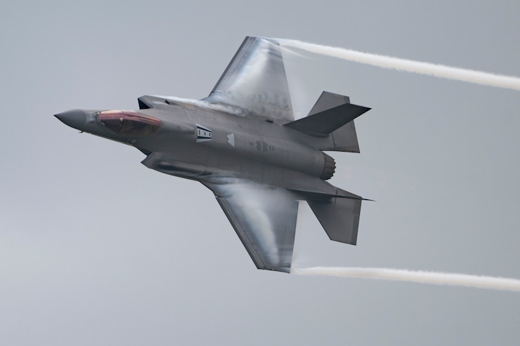 A U.S. Air Force F-35A Lightning II assigned to the F-35A Lightning II Demonstration Team performs at the Great Texas Air Show over Joint Base San Antonio-Randolph, Texas.