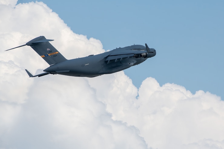 A C-17 Globemaster III assigned to the C-17 East Coast Demonstration team flies over Joint Base Charleston, South Carolina.