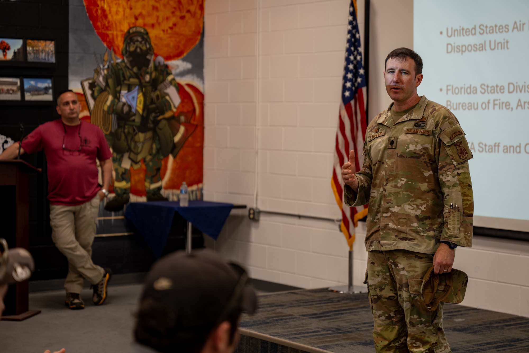 U.S. Air Force Lt. Col. Sean Stapler, the 1st Special Operations Wing civil engineer commander, speaks to participants during the United States Bomb Technician Association Week at Hurlburt Field, Florida, April 29, 2025.