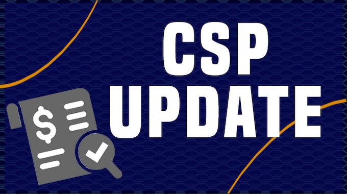 Blue chainmail image with yellow arch lines and the words CSP update in white letters. There is also a grey image of a bill and magnifiying glass.