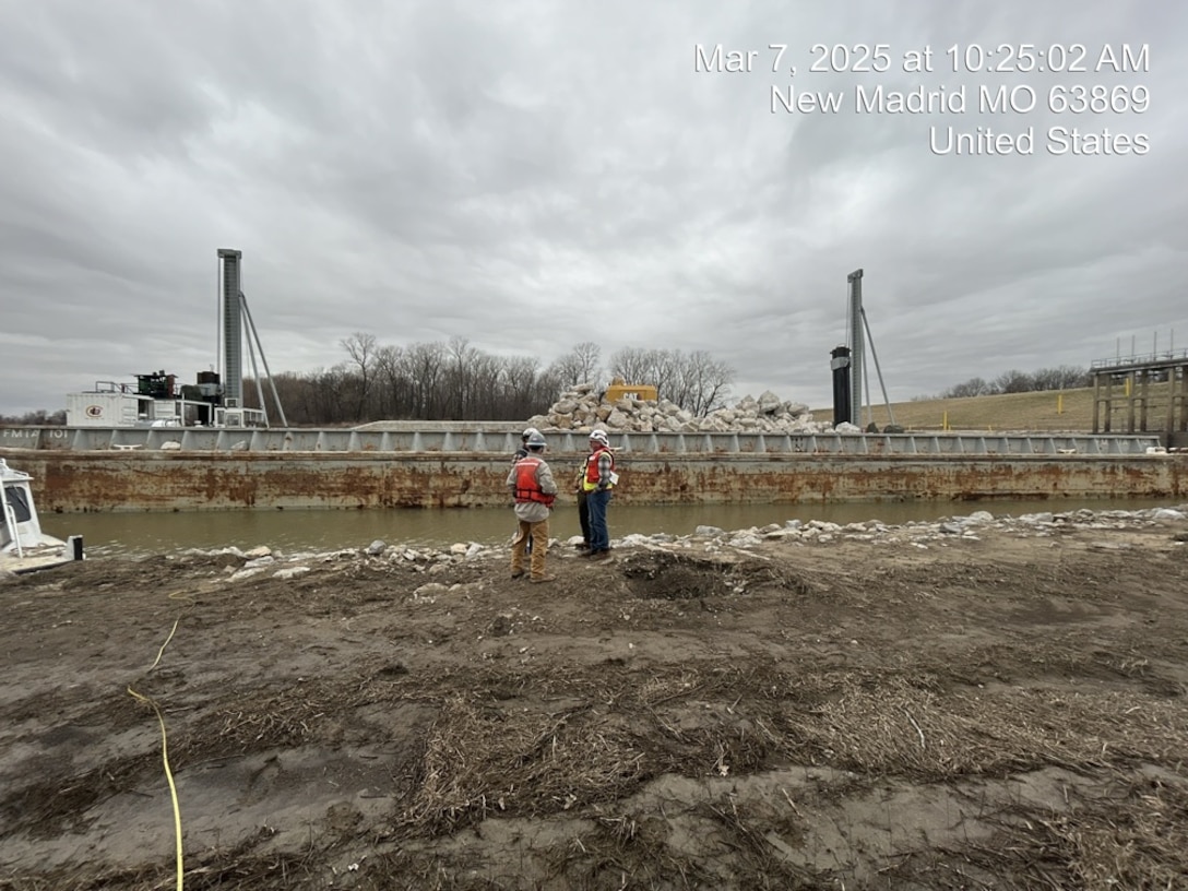 Memphis, Tenn., March 12, 2024 – Our Project Managers and their Project Delivery Teams (PDT) are “Killing It”, until they’re not, and “Not” is just about non-existent around here. Results keep coming in Hot! 

One project coming in Hot is Senior Project Manager Zach Cook’s St. Johns Outlet Scour Repairs project, near New Madrid, Missouri. It is placing stone to protect the outlet control structure and bayou from erosion and scouring due to the interior drainage and Mississippi River backwater effects.  

This is part of our maintenance efforts to maintain the Mississippi River and Tributaries Project, ensuring the continued reliability of our flood risk management system in the valley.