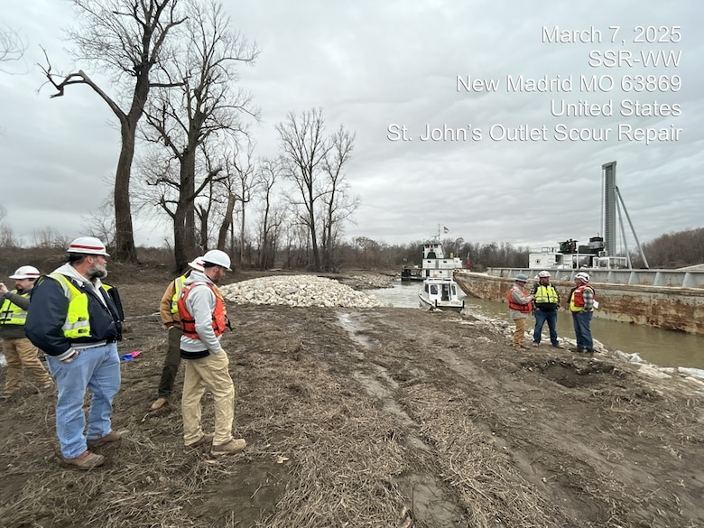 Memphis, Tenn., March 12, 2024 – Our Project Managers and their Project Delivery Teams (PDT) are “Killing It”, until they’re not, and “Not” is just about non-existent around here. Results keep coming in Hot! 

One project coming in Hot is Senior Project Manager Zach Cook’s St. Johns Outlet Scour Repairs project, near New Madrid, Missouri. It is placing stone to protect the outlet control structure and bayou from erosion and scouring due to the interior drainage and Mississippi River backwater effects.  

This is part of our maintenance efforts to maintain the Mississippi River and Tributaries Project, ensuring the continued reliability of our flood risk management system in the valley.