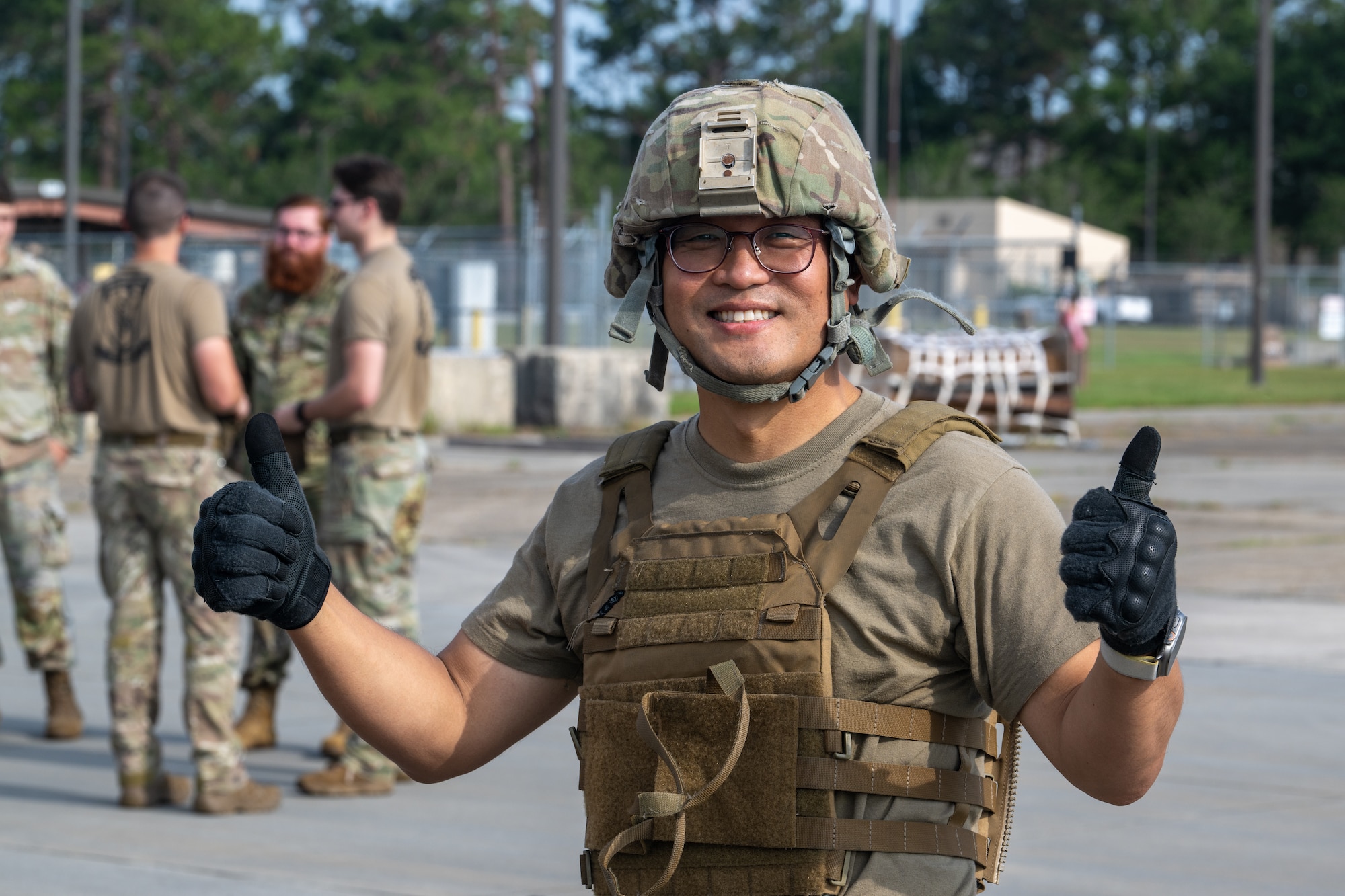 Chaplain (Capt.) Joseph Kim, 23rd Wing chaplain, prepares to do a mock tryout for the Forward Area Refueling Point at Moody Air Force Base, Georgia, May 9, 2025. Many high ranking individuals from 23rd Logistics Readiness Squadron and 23rd Wing were in attendance for the tryouts. (U.S. Air Force photo by Airman 1st Class Iain Stanley)