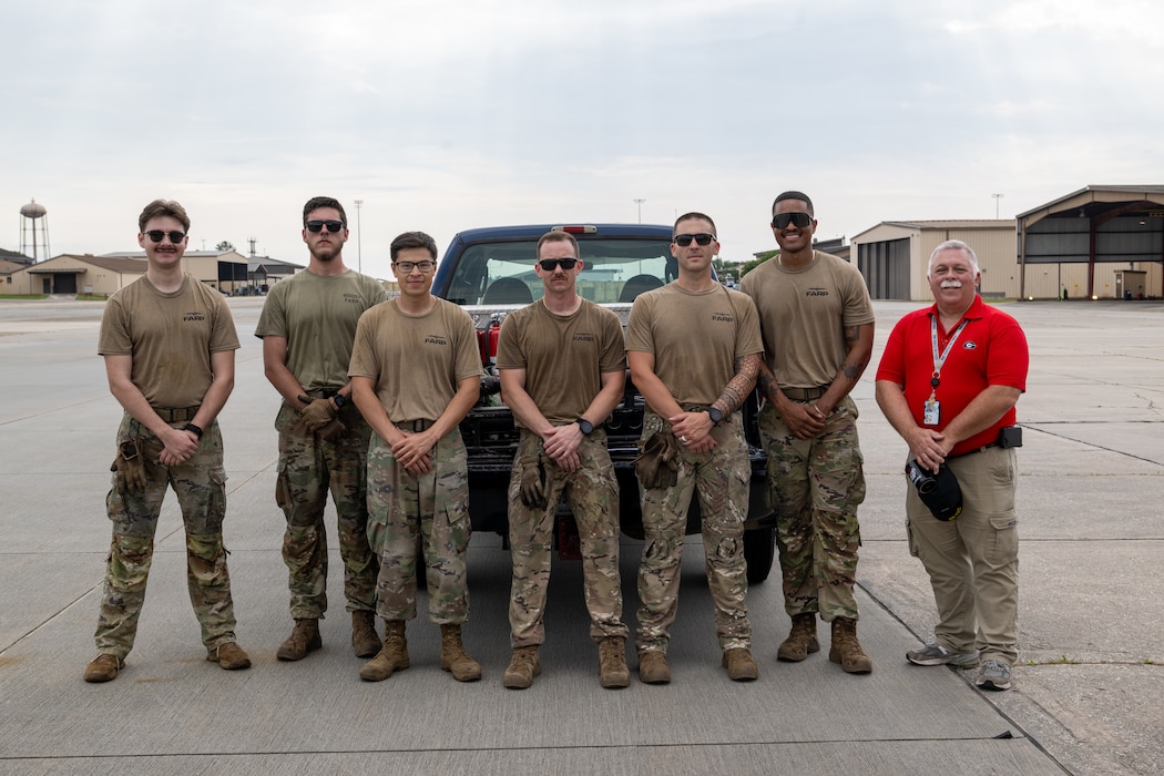 U.S. Air Force Airmen assigned to the 23rd Logistics Readiness Squadron Forward Area Refueling Point (FARP) team pose for a group photo at Moody Air Force Base, Georgia, May 9, 2025. The FARP team tryout is a rare opportunity to bring everyone from fuels together to share in laughs and friendly competition. (U.S. Air Force photo by Airman 1st Class Iain Stanley)