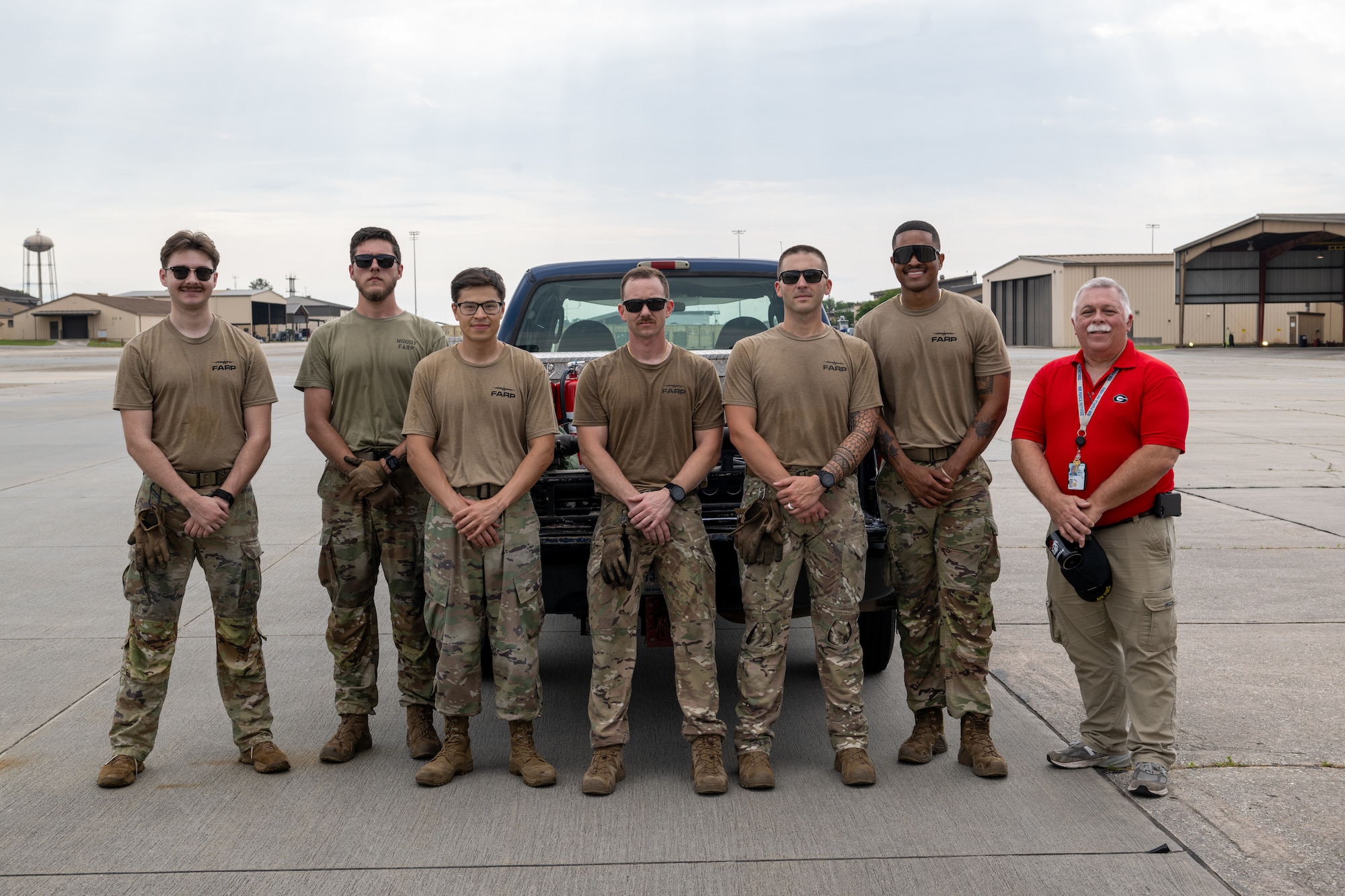 U.S. Air Force Airmen assigned to the 23rd Logistics Readiness Squadron Forward Area Refueling Point (FARP) team pose for a group photo at Moody Air Force Base, Georgia, May 9, 2025. The FARP team tryout is a rare opportunity to bring everyone from fuels together to share in laughs and friendly competition. (U.S. Air Force photo by Airman 1st Class Iain Stanley)