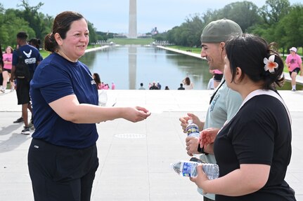 Members of the 113th Force Support Squadron, D.C. Air National Guard, participate in an initiative called 'Run to Recruit' on the National Mall, in Washington, D.C., on March 17, 2025. In an effort to support recruiting mission, members of the 113th FSS use group physical fitness as a method to inspire, engage and recruit future Capital Guardians.