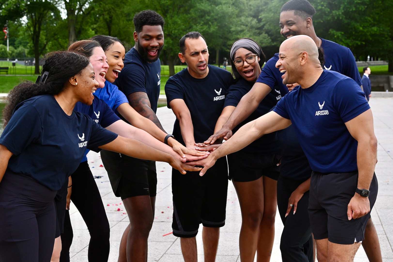 Members of the 113th Force Support Squadron, D.C. Air National Guard, participate in an initiative called 'Run to Recruit' on the National Mall, in Washington, D.C., on March 17, 2025. In an effort to support recruiting mission, members of the 113th FSS use group physical fitness as a method to inspire, engage and recruit future Capital Guardians.