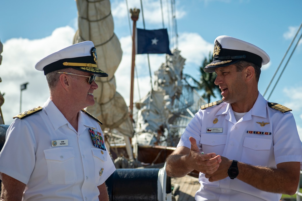 Adm. Samuel Paparo, commander of U.S. Indo-Pacific Command is greeted by Capt. Andres Gallegos,commanding officer, Chilean Navy tall ship Esmeralda, during his visit to the ship at Joint Base Pearl Harbor Hickam, May 20, 2025.