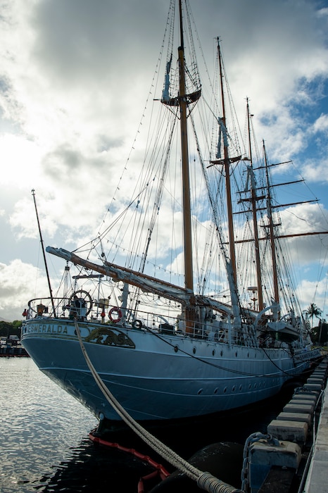 Adm. Samuel Paparo, commander of U.S. Indo-Pacific Command, visits the Chilean tall ship Esmeralda at Joint Base Pearl Harbor Hickam, May 20, 2025.