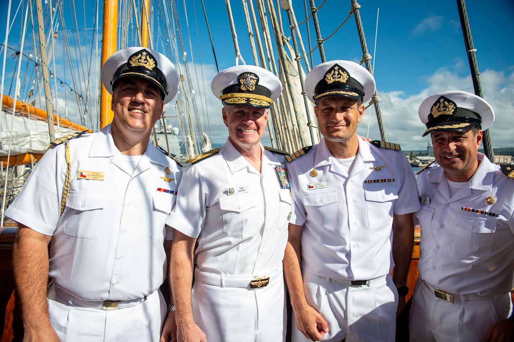 Adm. Samuel Paparo, commander of U.S. Indo-Pacific Command is greeted by Capt. Andres Gallegos,commanding officer, Chilean Navy tall ship Esmeralda, during his visit to the ship at Joint Base Pearl Harbor Hickam, May 20, 2025.