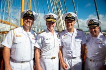 Adm. Samuel Paparo, commander of U.S. Indo-Pacific Command is greeted by Capt. Andres Gallegos,commanding officer, Chilean Navy tall ship Esmeralda, during his visit to the ship at Joint Base Pearl Harbor Hickam, May 20, 2025.