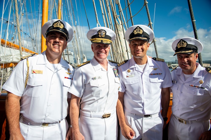 Adm. Samuel Paparo, commander of U.S. Indo-Pacific Command is greeted by Capt. Andres Gallegos,commanding officer, Chilean Navy tall ship Esmeralda, during his visit to the ship at Joint Base Pearl Harbor Hickam, May 20, 2025.