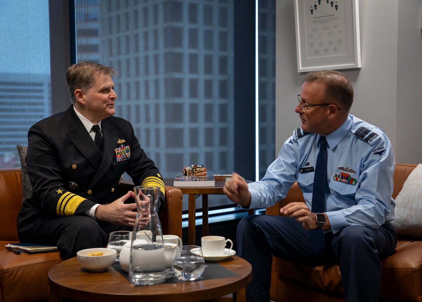 250519-N-WM182-2007 WELLINGTON, New Zealand (May 19, 2023) U.S. Navy 7th Fleet Commander Vice Adm. Fred Kacher meets with New Zealand Chief of Defence Force Air Marshal Tony Davies at the Defence House in Wellington, New Zealand, May 19, 2025. U.S. 7th Fleet is the U.S. Navy's largest forward-deployed numbered fleet, and routinely interacts and operates with allies and partners in preserving a free and open Indo-Pacific region. (U.S. Navy Photo by Mass Communication Specialist 2nd Class Caitlin Flynn)