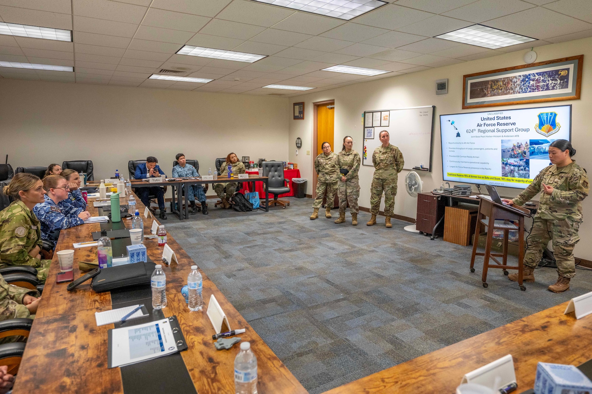 On May 12, 2025, Tech. Sgt. Jenny Luong Martin, 624th Regional Support Group noncommissioned customer support officer, briefs on the RSG mission during the Inter-Pacific Air Forces Academy training at the Binnicker Professional Military Education Center on Joint Base Pearl Harbor-Hickam, Hawaii.