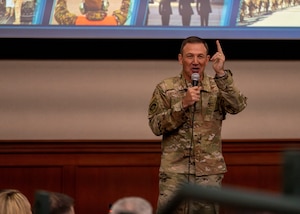 U.S. Air Force Gen. Johnny Lamontagne, Air Mobility Command commander, expands on his priorities and provides updates Air Mobility Command leaders during the Phoenix Rally at MacDill Air Force Base, Florida, May 15, 2025. Airmen, Mission, and Commitment will guide AMC through tomorrow’s challenges as they respond to crises all over the world. (U.S. Air Force photo by Airman 1st Class Monique Stober)