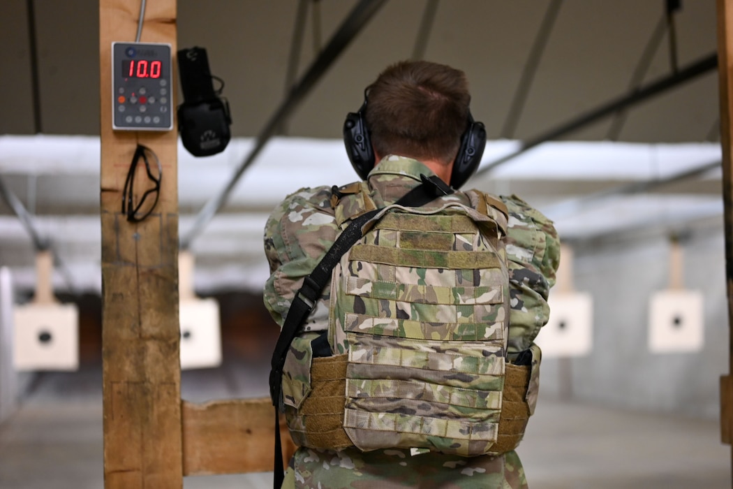 A 17th Security Forces Squadron member participates in the Security Forces Shooting Competition at Goodfellow Air Force Base, Texas May 13, 2025. Participants completed a series of physical exercises, as well as attempting to have the highest qualification on both the M4 and M18 weapon systems. (U.S. Air Force photo by Senior Airman Evelyn J. D’errico)