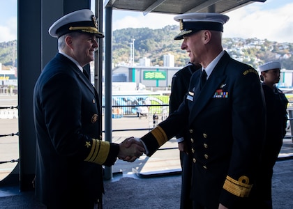 250517-N-PH222-1007 WELLINGTON, New Zealand (May 17, 2025) Vice Adm. Fred Kacher, commander, U.S. 7th Fleet, greets Rear Adm. Mat Williams, vice chief of New Zealand Defence Force, prior to a key leader engagement aboard the U.S. 7th Fleet flagship USS Blue Ridge (LCC 19) in Wellington, New Zealand during a scheduled port visit, May 17, 2025. U.S. 7th Fleet is the U.S. Navy's largest forward-deployed numbered fleet, and routinely interacts and operates with allies and partners in preserving a free and open Indo-Pacific region. (U.S. Navy Photo by Mass Communication Specialist 1st Class Ryan M. Breeden)