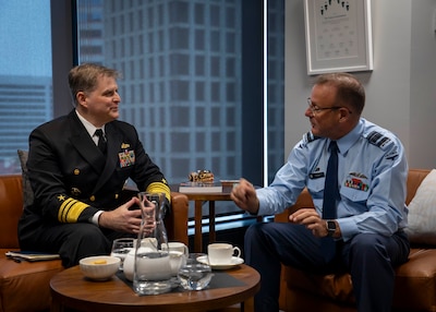 250519-N-WM182-2007 WELLINGTON, New Zealand (May 19, 2023) U.S. Navy 7th Fleet Commander Vice Adm. Fred Kacher meets with New Zealand Chief of Defence Force Air Marshal Tony Davies at the Defence House in Wellington, New Zealand, May 19, 2025. U.S. 7th Fleet is the U.S. Navy's largest forward-deployed numbered fleet, and routinely interacts and operates with allies and partners in preserving a free and open Indo-Pacific region. (U.S. Navy Photo by Mass Communication Specialist 2nd Class Caitlin Flynn)