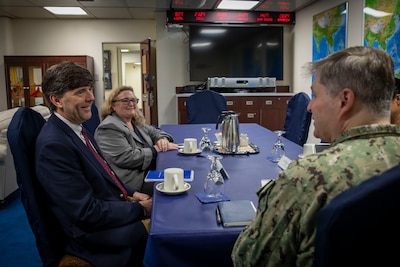 250519-N-WM182-1020 WELLINGTON, New Zealand (May 19, 2025) U.S. 7th Fleet Commander Vice Adm. Fred Kacher (right) and Assistant Chief of Staff for Plans and Engagements Capt. Jennifer Barnes meet with U.S. Embassy New Zealand Chargé d'affaires Mr. David Gehrenbeck (left) aboard the 7th Fleet flagship USS Blue Ridge (LCC 19) during a scheduled port visit in Wellington, May 19, 2025. U.S. 7th Fleet is the U.S. Navy's largest forward-deployed numbered fleet, and routinely interacts and operates with allies and partners in preserving a free and open Indo-Pacific region. (U.S. Navy Photo by Mass Communication Specialist 2nd Class Caitlin Flynn)