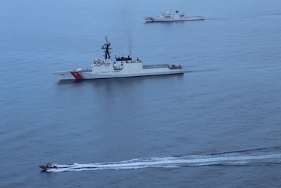 The Legend-class USCGC Stratton (WMSL 752), middle, sails with Philippine Coast Guard Teresa Magbanua-class patrol vessel BRP Melchora Aquino (MRRV-9702), top, in the Sulu Sea, May 20, 2025. Stratton is deployed and assigned to Destroyer Squadron (DESRON) 15, the Navy’s largest DESRON and the U.S. 7th Fleet’s principal surface force. The U.S. Coast Guard has operated in the Indo-Pacific for more than 150 years, and the service is increasing efforts through targeted bilateral patrols with our national security cutters, fast response cutters, and other activities conducted in support of maritime missions to enhance our regional partnerships. (Courtesy photo)