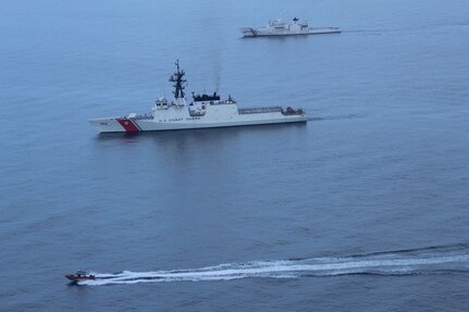 The Legend-class USCGC Stratton (WMSL 752), middle, sails with Philippine Coast Guard Teresa Magbanua-class patrol vessel BRP Melchora Aquino (MRRV-9702), top, in the Sulu Sea, May 20, 2025. Stratton is deployed and assigned to Destroyer Squadron (DESRON) 15, the Navy’s largest DESRON and the U.S. 7th Fleet’s principal surface force. The U.S. Coast Guard has operated in the Indo-Pacific for more than 150 years, and the service is increasing efforts through targeted bilateral patrols with our national security cutters, fast response cutters, and other activities conducted in support of maritime missions to enhance our regional partnerships. (Courtesy photo)