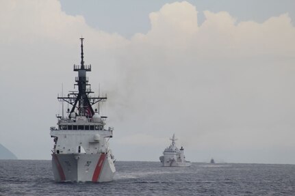 The Legend-class USCGC Stratton (WMSL 752), front, sails with the Philippine Coast Guard Vessel BRP Melchora Aquino (MRRV-9702) in the Sulu Sea, May 20, 2025. Stratton is deployed and assigned to Destroyer Squadron (DESRON) 15, the Navy’s largest DESRON and the U.S. 7th Fleet’s principal surface force. The U.S. Coast Guard has operated in the Indo-Pacific for more than 150 years, and the service is increasing efforts through targeted bilateral patrols with our national security cutters, fast response cutters, and other activities conducted in support of maritime missions to enhance our regional partnerships. (Courtesy photo)