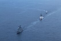 The Philippine Navy’s Gregorio del Pilar-class patrol ship BRP Ramon Alcaraz (PS-16), front left, the Legend-class USCGC Stratton (WMSL 752), middle, and Philippine Coast Guard Teresa Magbanua-class patrol vessel BRP Melchora Aquino (MRRV-9702) sail together in the Sulu Sea, May 20, 2025. Stratton is deployed and assigned to Destroyer Squadron (DESRON) 15, the Navy’s largest DESRON and the U.S. 7th Fleet’s principal surface force. The U.S. Coast Guard has operated in the Indo-Pacific for more than 150 years, and the service is increasing efforts through targeted bilateral patrols with our national security cutters, fast response cutters, and other activities conducted in support of maritime missions to enhance our regional partnerships. (Courtesy photo)
