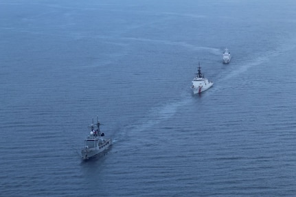 The Philippine Navy’s Gregorio del Pilar-class patrol ship BRP Ramon Alcaraz (PS-16), front left, the Legend-class USCGC Stratton (WMSL 752), middle, and Philippine Coast Guard Teresa Magbanua-class patrol vessel BRP Melchora Aquino (MRRV-9702) sail together in the Sulu Sea, May 20, 2025. Stratton is deployed and assigned to Destroyer Squadron (DESRON) 15, the Navy’s largest DESRON and the U.S. 7th Fleet’s principal surface force. The U.S. Coast Guard has operated in the Indo-Pacific for more than 150 years, and the service is increasing efforts through targeted bilateral patrols with our national security cutters, fast response cutters, and other activities conducted in support of maritime missions to enhance our regional partnerships. (Courtesy photo)