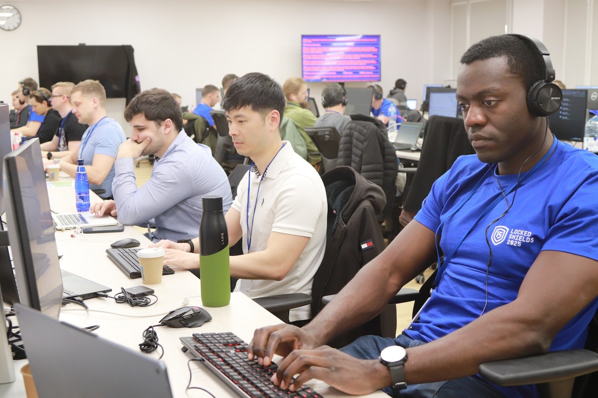 Maryland Air National Guardsmen of the 175th Cyberspace Operations Group participate in exercise Locked Shields 2025, in Tallinn, Estonia, May 7, 2025. Maryland Air National Guardsmen augmented the Estonian, Lithuanian and Montenegrin blue teams, which included over 450 people. (Courtesy Photo)