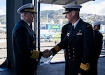 250517-N-PH222-1007 WELLINGTON, New Zealand (May 17, 2025) Vice Adm. Fred Kacher, commander, U.S. 7th Fleet, greets Rear Adm. Mat Williams, vice chief of New Zealand Defence Force, prior to a key leader engagement aboard the U.S. 7th Fleet flagship USS Blue Ridge (LCC 19) in Wellington, New Zealand during a scheduled port visit, May 17, 2025. U.S. 7th Fleet is the U.S. Navy's largest forward-deployed numbered fleet, and routinely interacts and operates with allies and partners in preserving a free and open Indo-Pacific region. (U.S. Navy Photo by Mass Communication Specialist 1st Class Ryan M. Breeden)