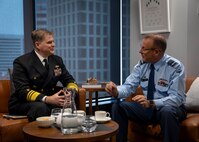 250519-N-WM182-2007 WELLINGTON, New Zealand (May 19, 2023) U.S. Navy 7th Fleet Commander Vice Adm. Fred Kacher meets with New Zealand Chief of Defence Force Air Marshal Tony Davies at the Defence House in Wellington, New Zealand, May 19, 2025. U.S. 7th Fleet is the U.S. Navy's largest forward-deployed numbered fleet, and routinely interacts and operates with allies and partners in preserving a free and open Indo-Pacific region. (U.S. Navy Photo by Mass Communication Specialist 2nd Class Caitlin Flynn)