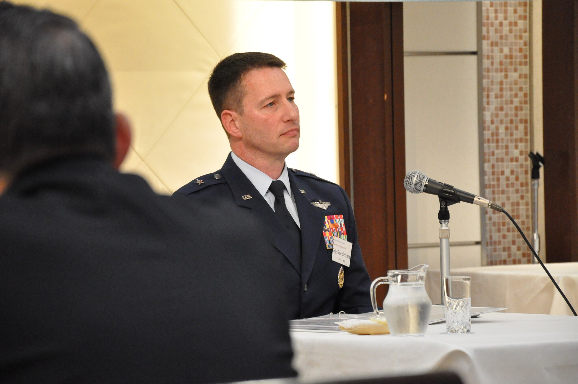 U.S. Air Force Brigadier General John Schutte, Fifth Air Force Deputy Commander, gives the keynote speech at the Japan America Goodwill Association Annual Convention at Grand Hill Ichigaya, Japan, May 13, 2025. The JAAGA convention provides an opportunity for senior military leaders to reflect on the successes their organizations have accomplished separately and collaboratively over the year.  (U.S. Air Force photo by Captain Tisha Yates)