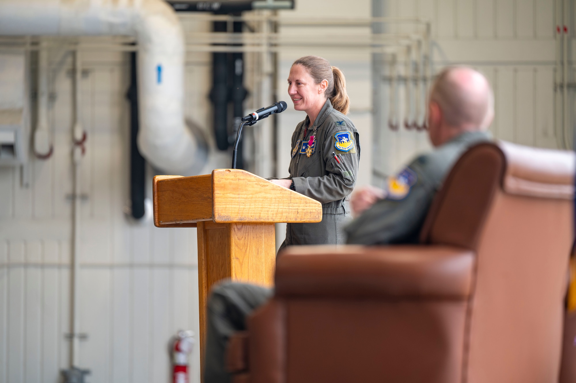 U.S. Air Force Col. Kathryn Gaetke, outgoing 51st Operations Group commander, delivers farewell remarks during the group’s change of command ceremony at Osan Air Base, Republic of Korea, May 22, 2025.