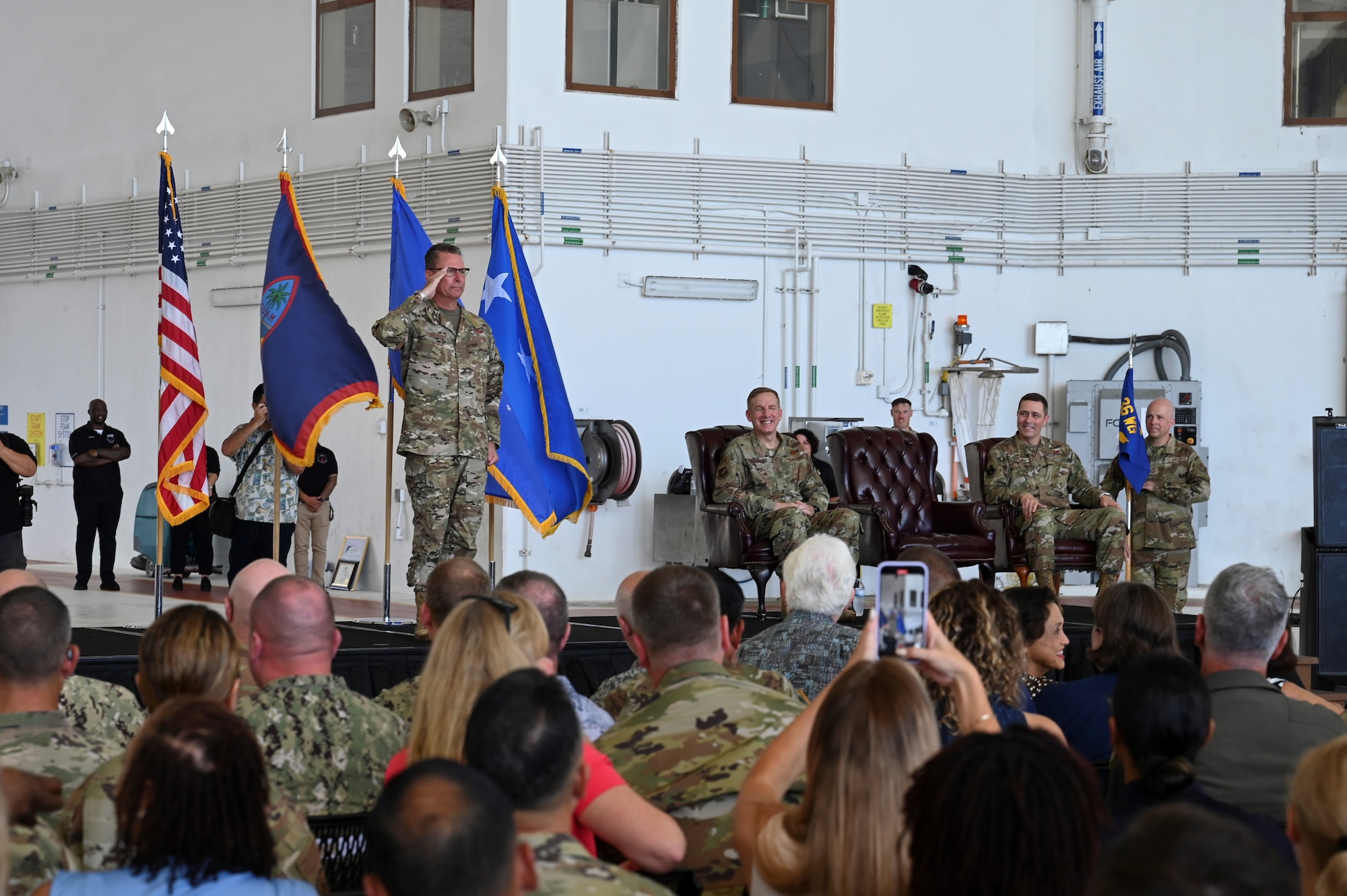 U.S. Air Force Brig. Gen. Thomas Palenske renders his last salute during the 36th Wing change of command ceremony at Andersen Air Force Base, Guam, May 22, 2025. This was his final salute as 36th Wing commander before relinquishing command. 
(U.S. Air Force photo by Airman 1st Class Joseph Maye)