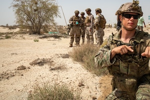 A U.S. Sailor provides security to members of the Royal Saudi Naval Forces for land improvised explosive devise response training during exercise Nautical Defender (ND) 25 in Jubail, Kingdom of Saudi Arabia. ND 25 is the capstone in a series of multi-national maritime security exercises designed to broaden levels of cooperation, support long-term regional security, and enhance military-to-military interoperability between the Kingdom of Saudi Arabia and the U.S.