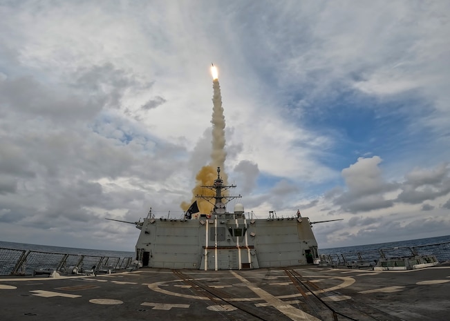 The Arleigh Burke-class guided-missile destroyer USS Bulkeley (DDG 84), launches a Standard Missile 3 to intercept a ballistic missile during At-Sea Demonstration (ASD) / Formidable Shield (FS) 2025.