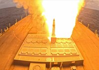 The Arleigh Burke-class guided-missile destroyer USS Bulkeley (DDG 84), launches a Standard Missile 3 to intercept a ballistic missile during At-Sea Demonstration (ASD) / Formidable Shield (FS) 2025.