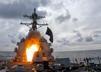 The Arleigh Burke-class guided-missile destroyer USS Bulkeley (DDG 84), launches a Standard Missile 3 to intercept a ballistic missile during At-Sea Demonstration (ASD) / Formidable Shield (FS) 2025.