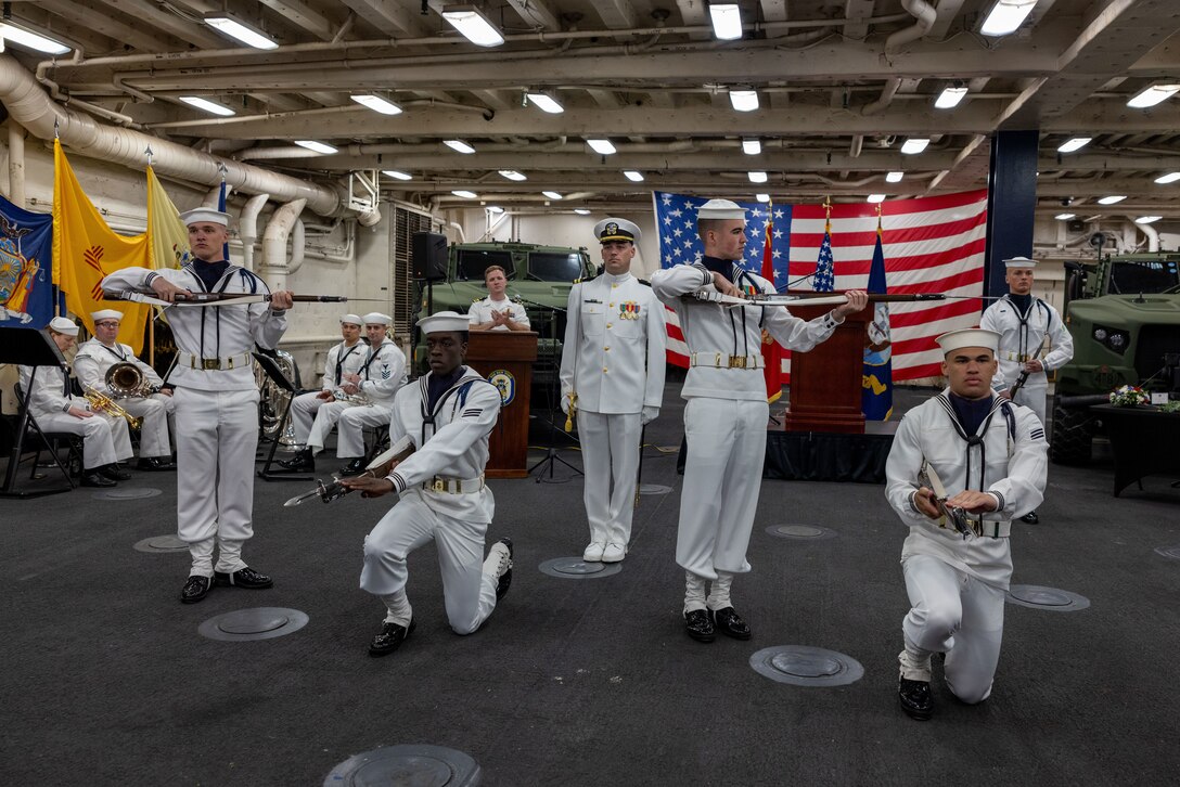 The U.S. Navy Ceremonial Guard perform during the U.S. Navy Reception aboard the San-Antonio Class amphibious transport dock USS New York (LPD 21) in New York, May 21, 2025. America’s warfighting Navy and Marine Corps celebrate 250 years of protecting American prosperity and freedom. Fleet Week New York 2025 honors the Navy, Marine Corps, and Coast Guard’s enduring role on, under, and above the seas. (U.S. Marine Corps photo by Lance Cpl. Yolanda Lightfoot)