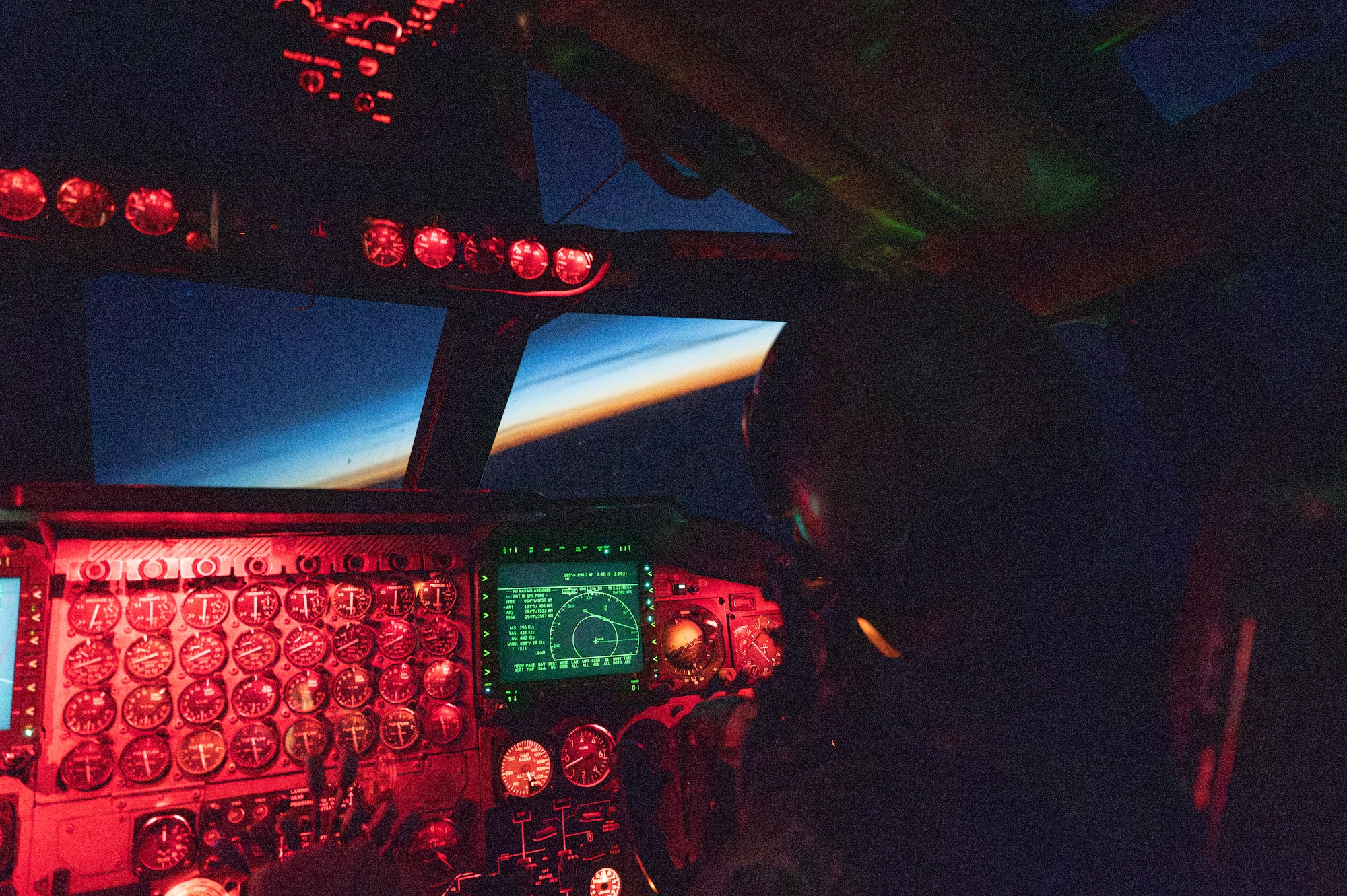 U.S. Air Force Lt. Col. Vincent Noel, 23rd Expeditionary Bomb Squadron commander, flies a B-52 Stratofortress aircraft during Bomber Task Force Europe over the North Atlantic Ocean, May 19, 2025. BTF missions demonstrate the credibility of our forces to address a global security environment. (U.S. Air Force photo by Staff Sgt. Bryan Guthrie)