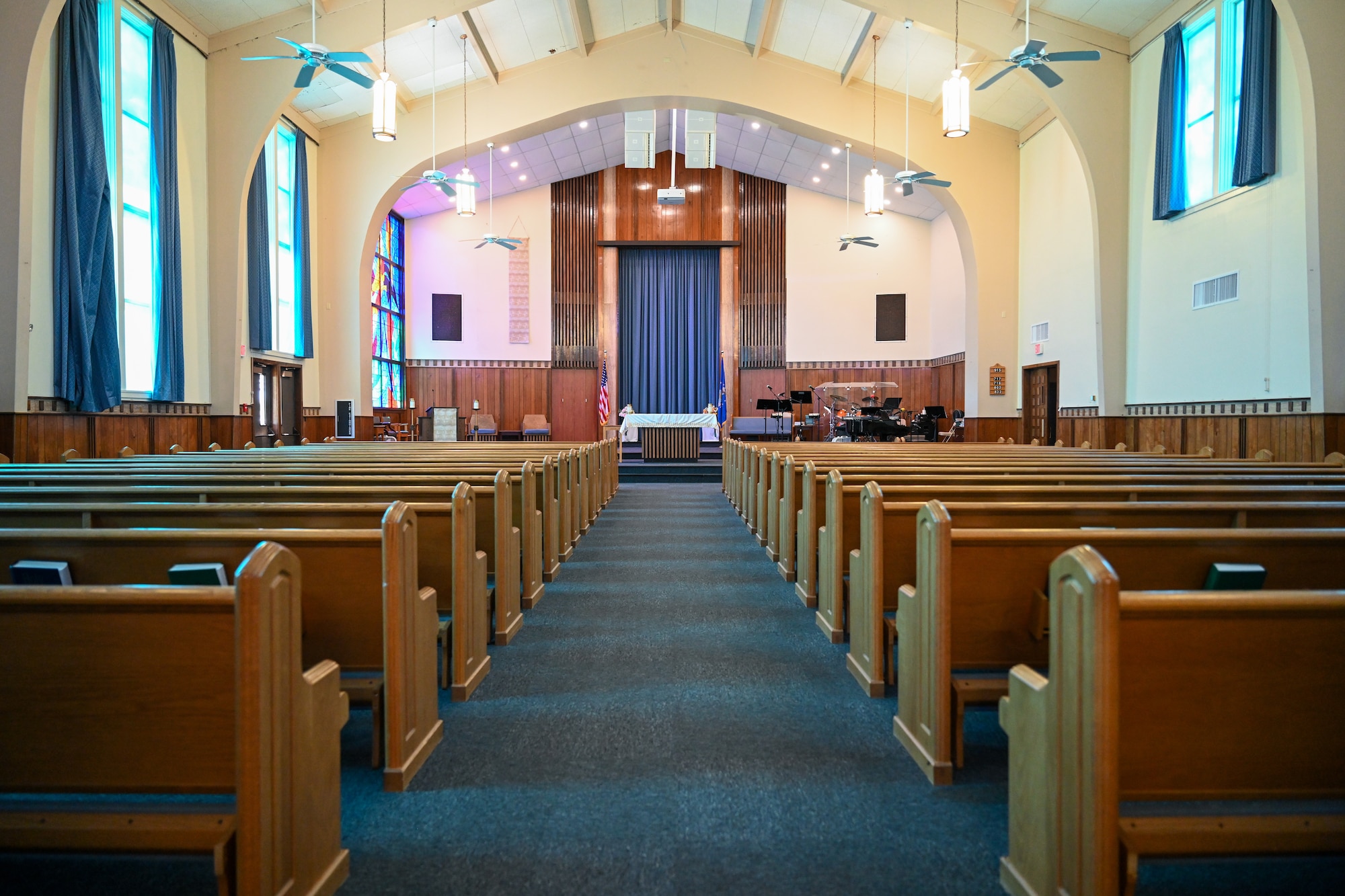 The sanctuary inside the Chapel at Altus Air Force Base, Oklahoma, May 21, 2025. The Chapel offers work-related, relationship, personal, or spiritual counseling.