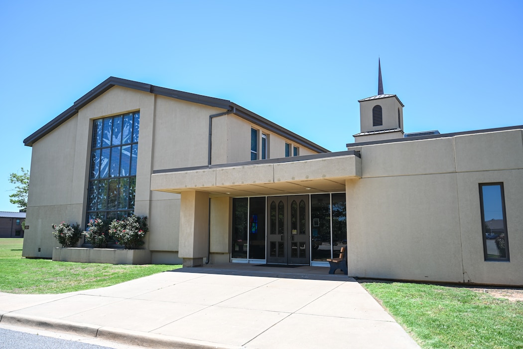 The front of the Chapel at Altus Air Force Base, Oklahoma, May 21, 2025. The Chapel offers work-related, relationship, personal, or spiritual counseling.