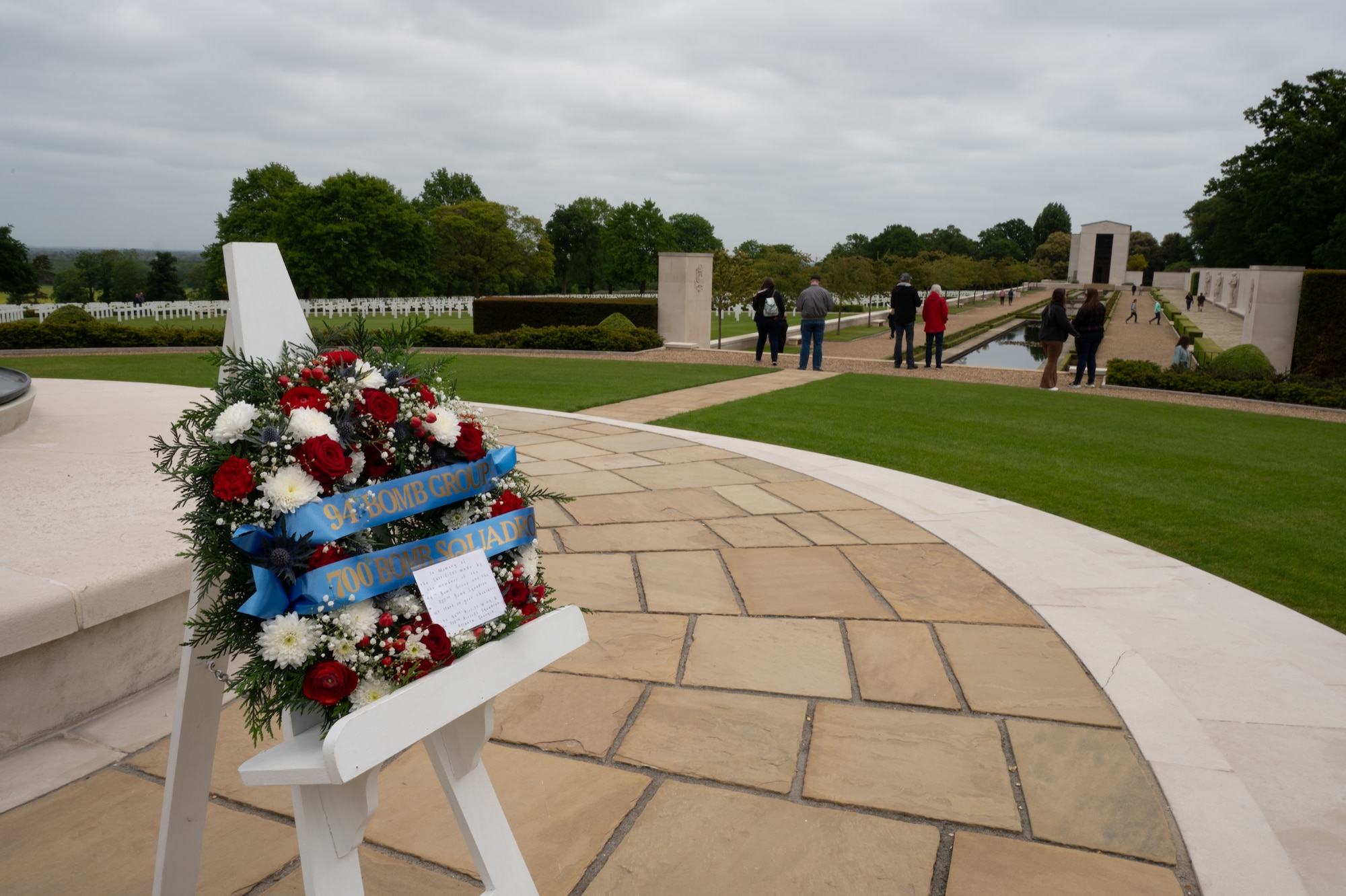A wreath at a cemetery and memorial