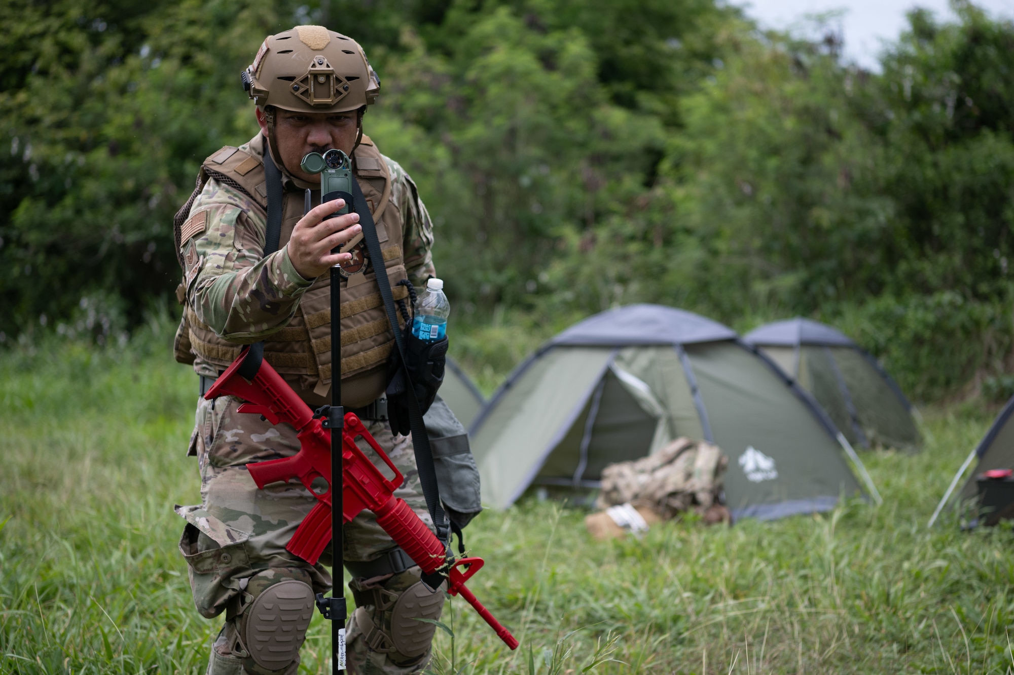U.S. Air Force Tech. Sgt. John Mission, an emergency management specialist with the 154th Civil Engineer Squadron, Hawaii Air National Guard, operates a weather meter during the 2025 Virgin Islands and Puerto Rico emergency management Deployment for Training at Fort Allen, Juana Diaz, Puerto Rico, May 18, 2025. The 2025 VIPR EM DFT measured multiple ANG civil engineer squadrons’ mission readiness by simulating an austere location to prepare participating Airmen to execute the Agile Combat Employment Concept within the U.S. Air Force Indo-Pacific Command area of responsibility. (U.S. Air National Guard photo by 1st Lt. Eliezer Soto)