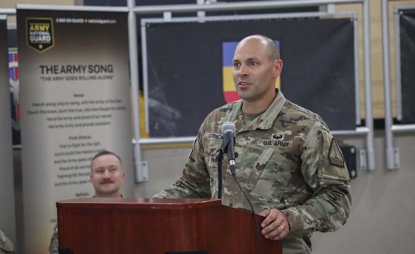 U.S. Army Lt. Col. Stephen Strack, incoming battalion commander, speaks to those in attendance during the Recruiting and Retention Battalion’s change of command ceremony at Wellman Armory on Boone National Guard Center in Frankfort May 20, 2025.