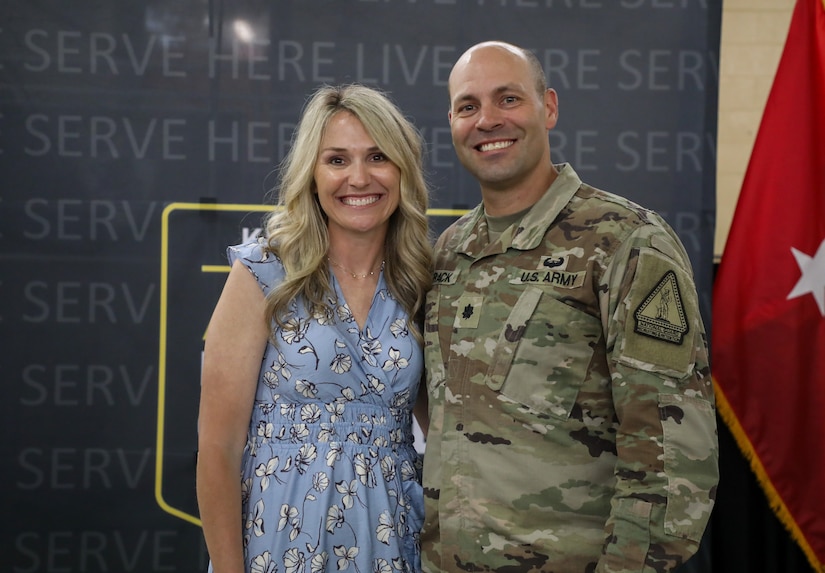 U.S. Army Lt. Col. Stephen Strack, incoming battalion commander, poses with his wife Annalee, after the Recruiting and Retention Battalion’s change of command ceremony at Wellman Armory on Boone National Guard Center in Frankfort May 20, 2025.