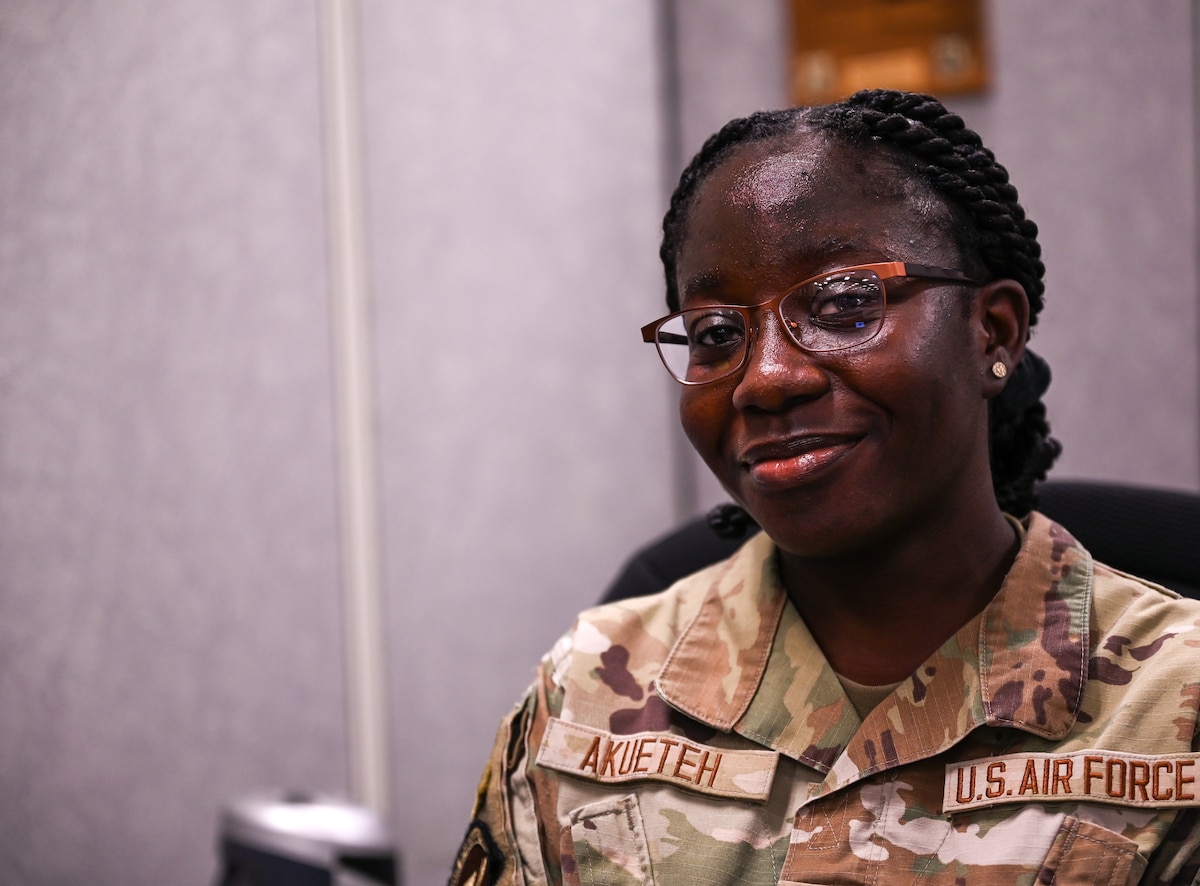 U.S. Air Force Airman 1st Class Angel Akueteh, 42nd Force Support Squadron customer support technician, poses for a photo at Maxwell Air Force Base, Alabama, May 20, 2025.