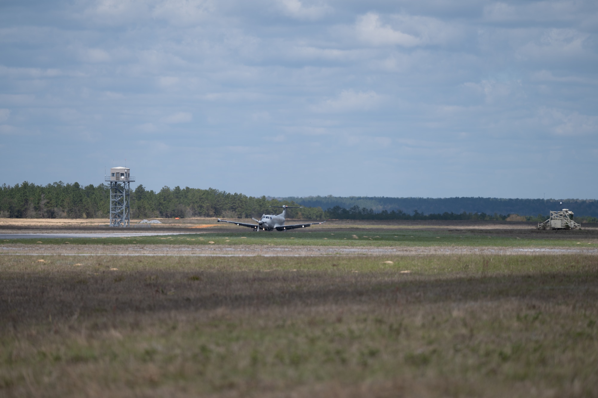 A U.S. Air Force U-28A Draco assigned to the 1st Special Operations Wing lands during a joint unit base exercise near Hurlburt Field, Florida, March 25, 2025.