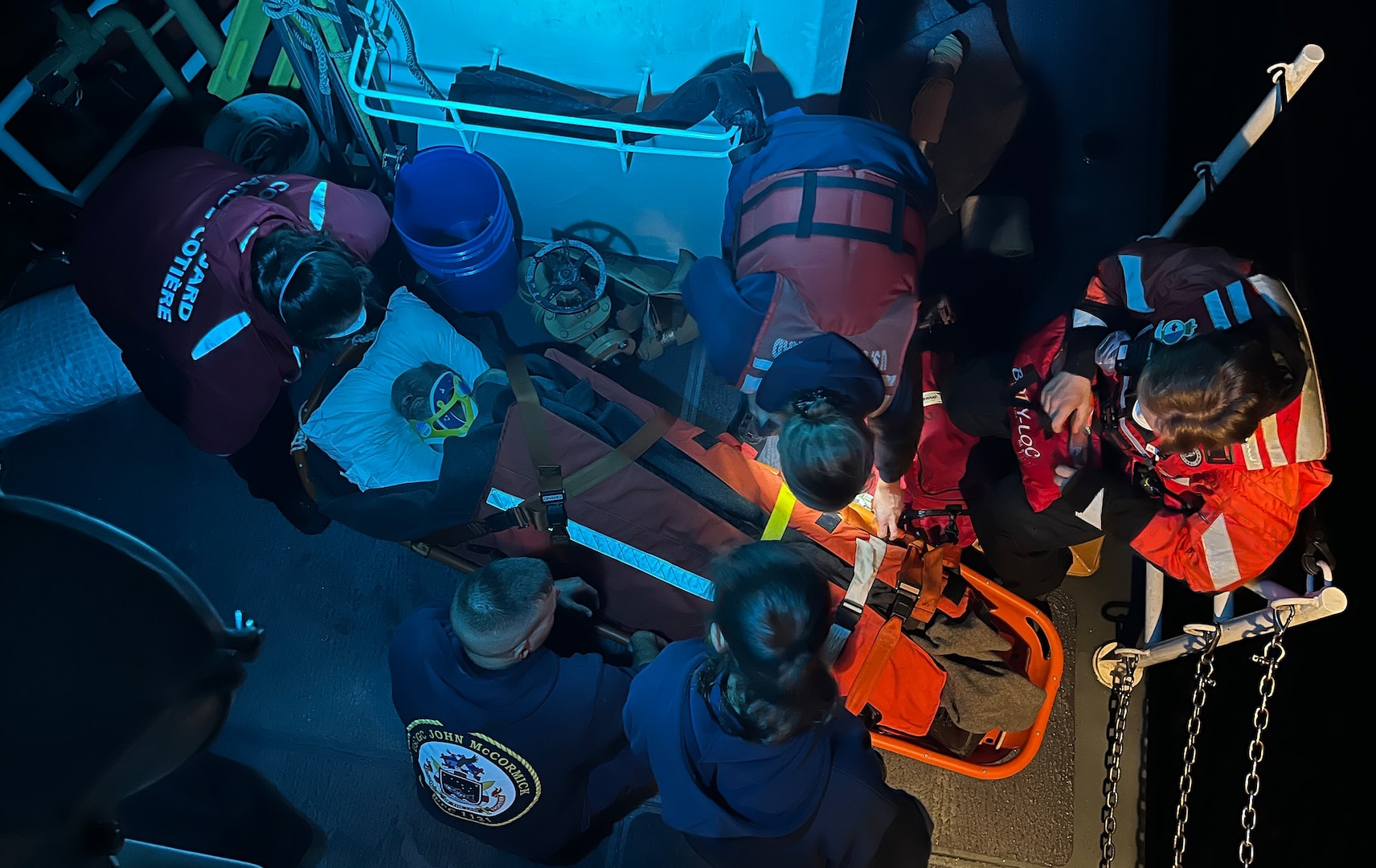 The crew of U.S. Coast Guard Cutter John McCormick medevacs an injured fisherman Oct. 15, 2022, off Vancouver Island, British Columbia, Canada. The John McCormick crew placed the patient in the care of the Canadian Coast Guard Patrol Vessel M. Charles M.B. crew, who brought him to EMS in Port McNeill. (U.S. Coast Guard photo)