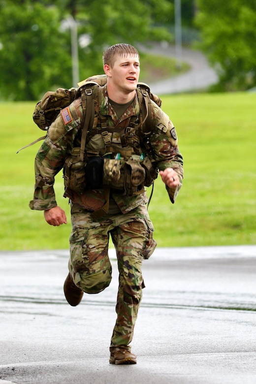 2nd Lt. Darian Huff with the 2061st Multi-Role Bridge Company, Kentucky Army National Guard, completes the Norwegian Foot March at the Wendell H. Ford Regional Training Center in Greenville, Ky., May 12, 2025.